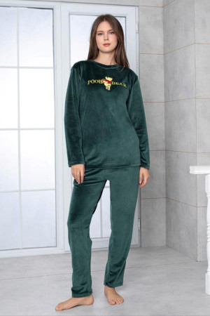 Koyu Yeşil Renkli Önü Motto Yazılı Teknur 52161 Uzun Kol Kadın Kadife Pijama Takımı